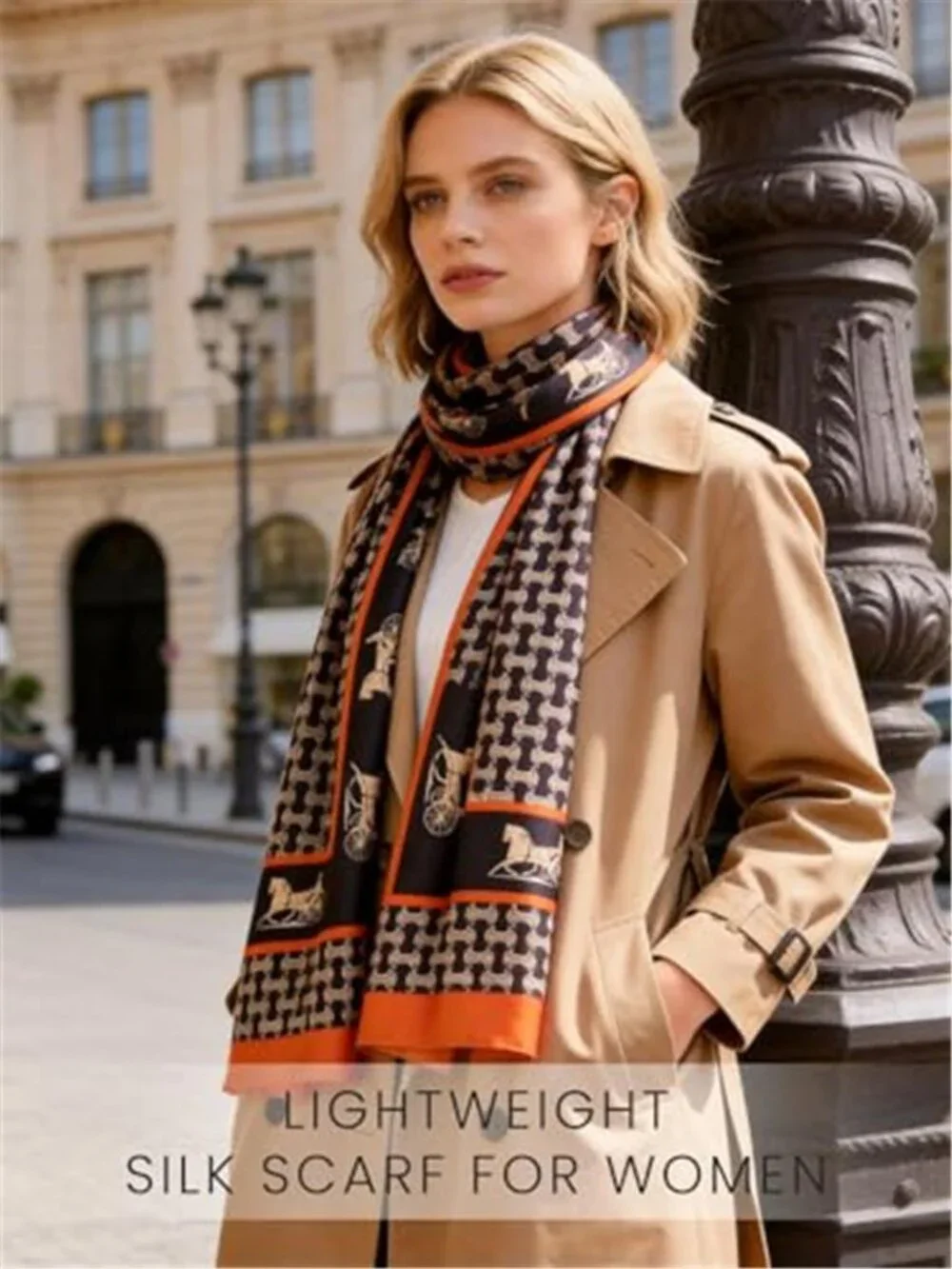 Brown Orange Horse Print Satin Scarf Long Lightweight Shawl Wrap